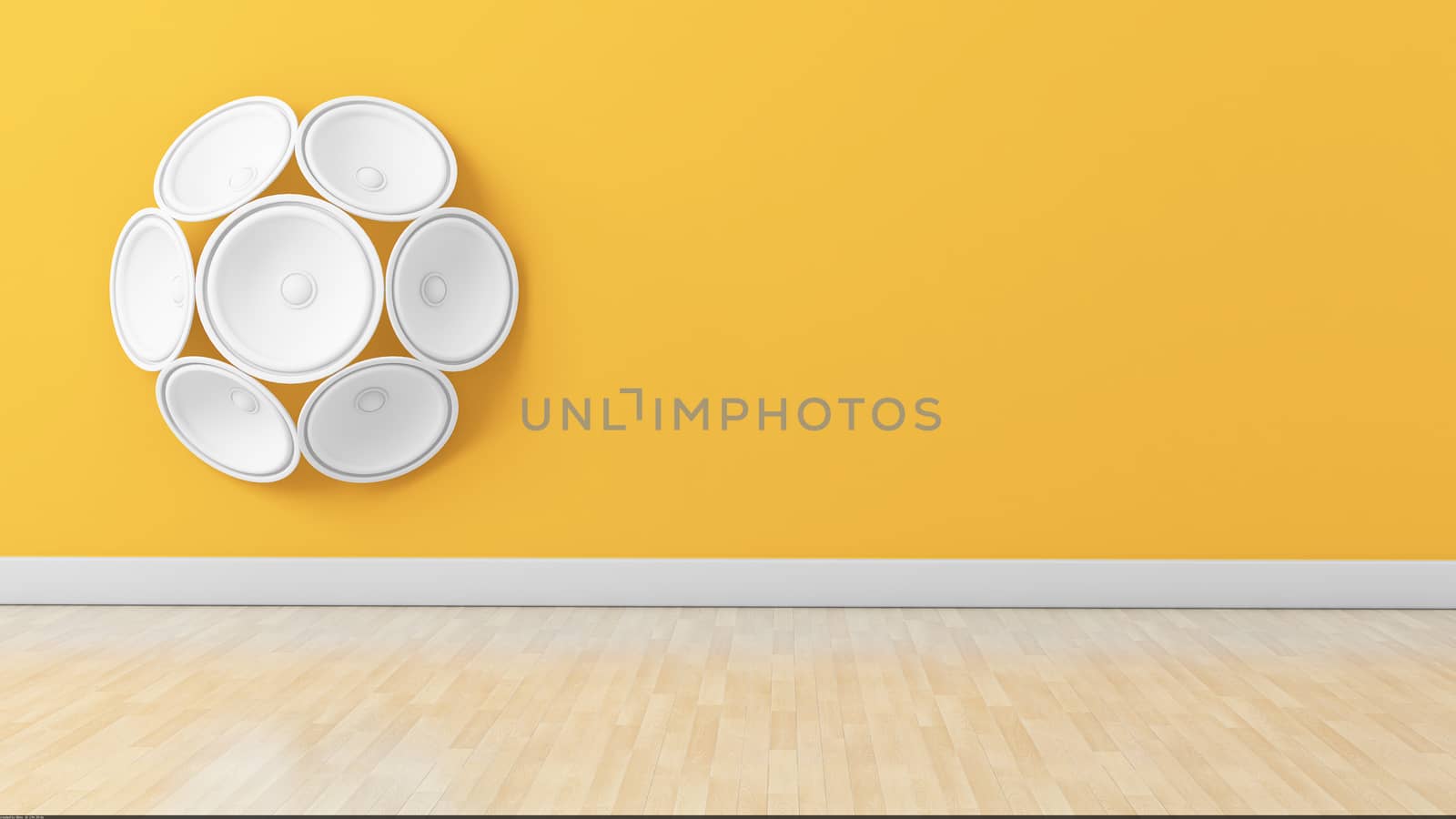 Set of white speakers in floral formation on yellow painted wall, perfect for living room interior