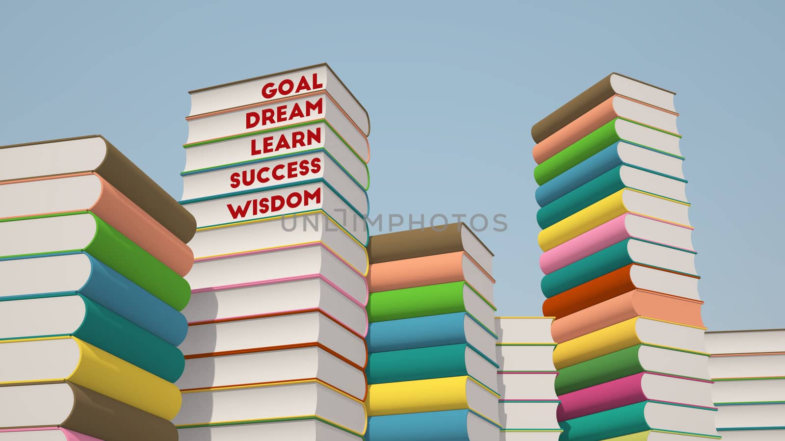 3d rendering of colorful stack of books with motivational words
