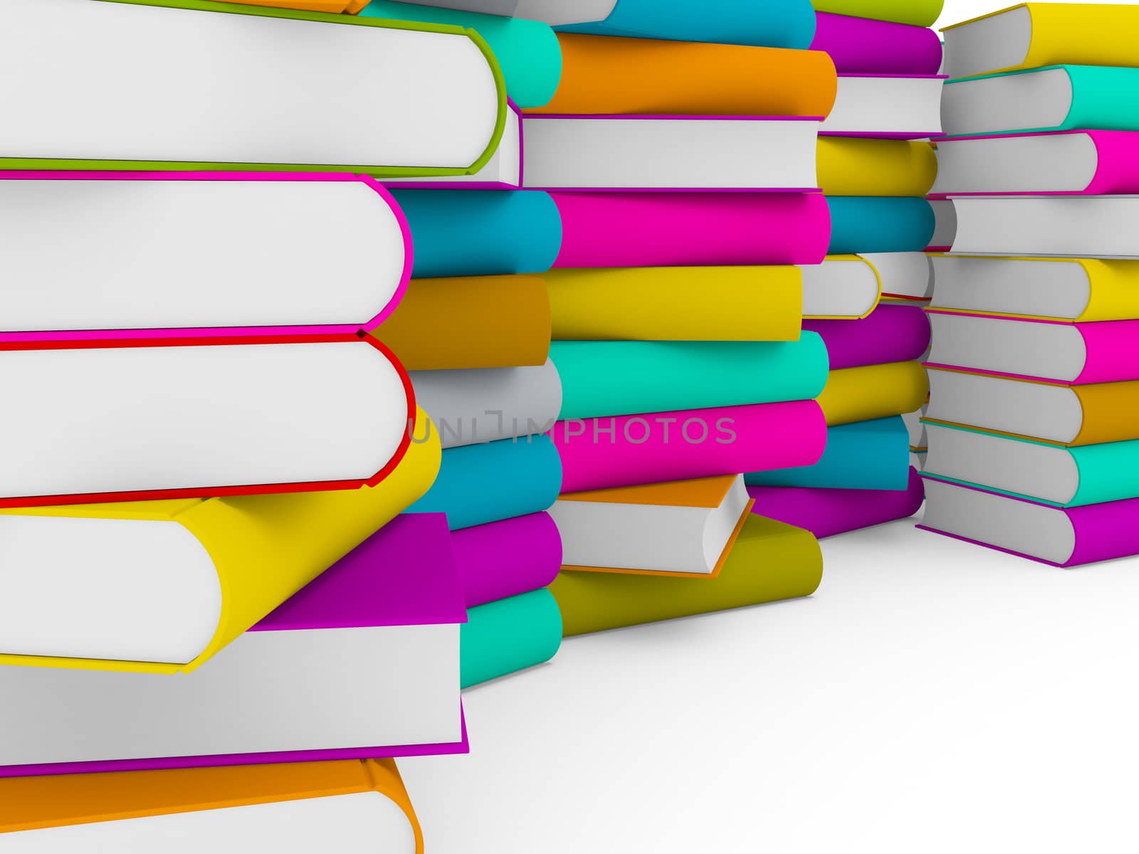 multiple stack of colorful books on white background, partial view
