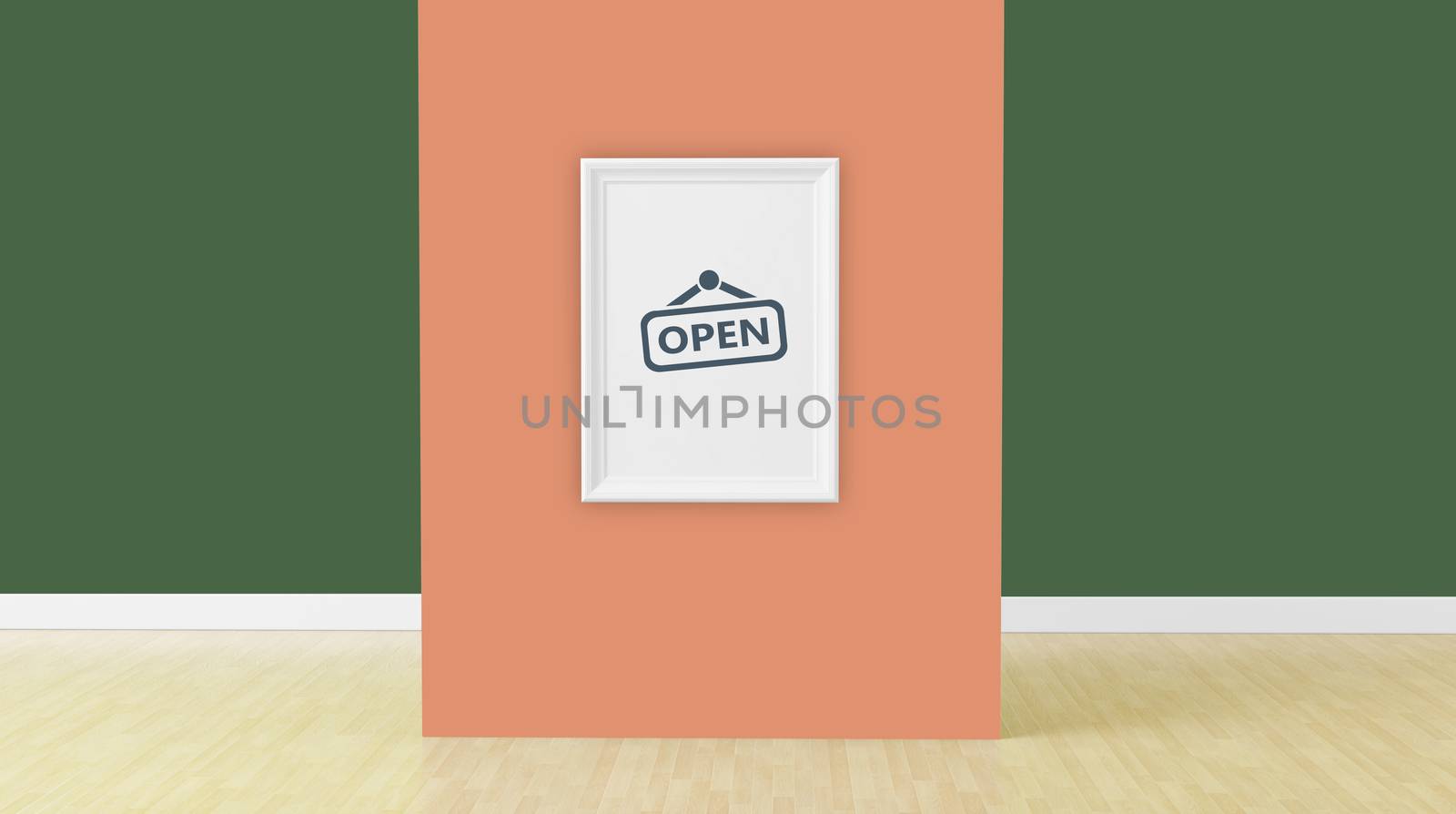 open sign on white frame in 3d room