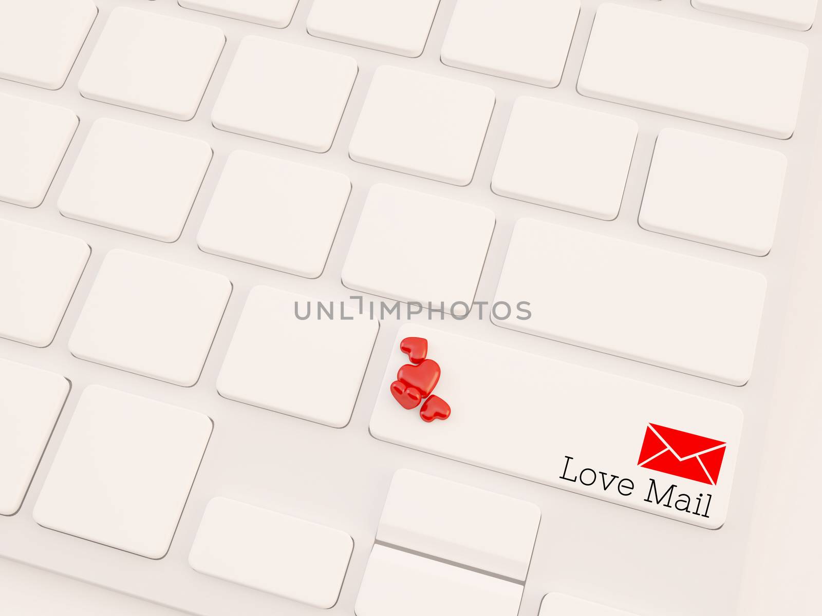 3d render love mail concept on keyboard with heart shape object