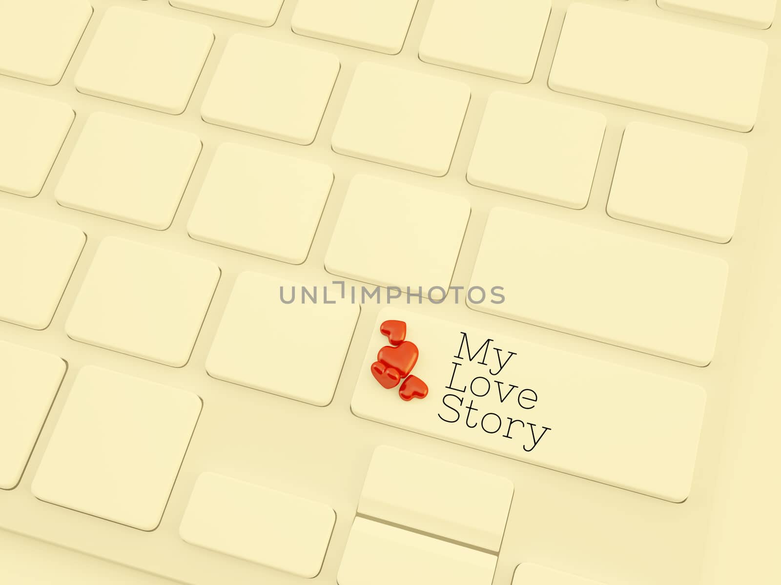 my love story key on keyboard with small heart shape object
