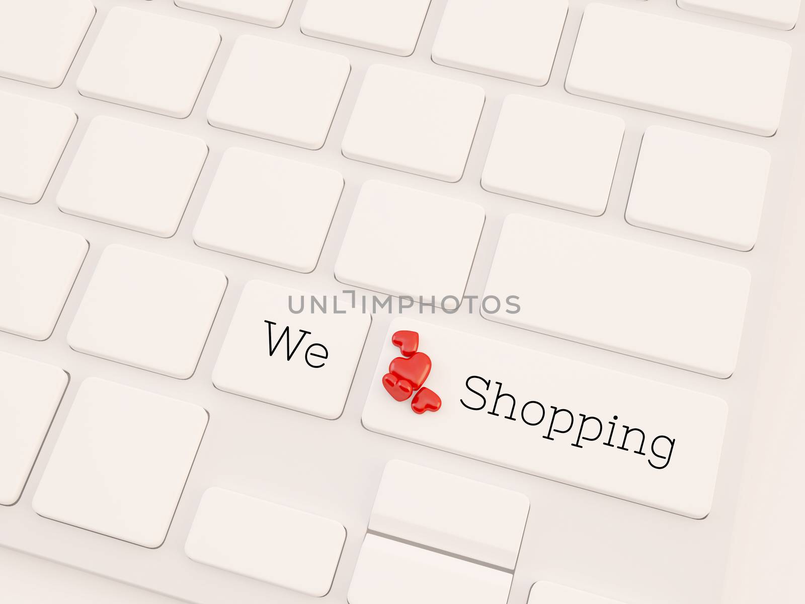 shopping love key on keyboard with small heart shapes, 3d render