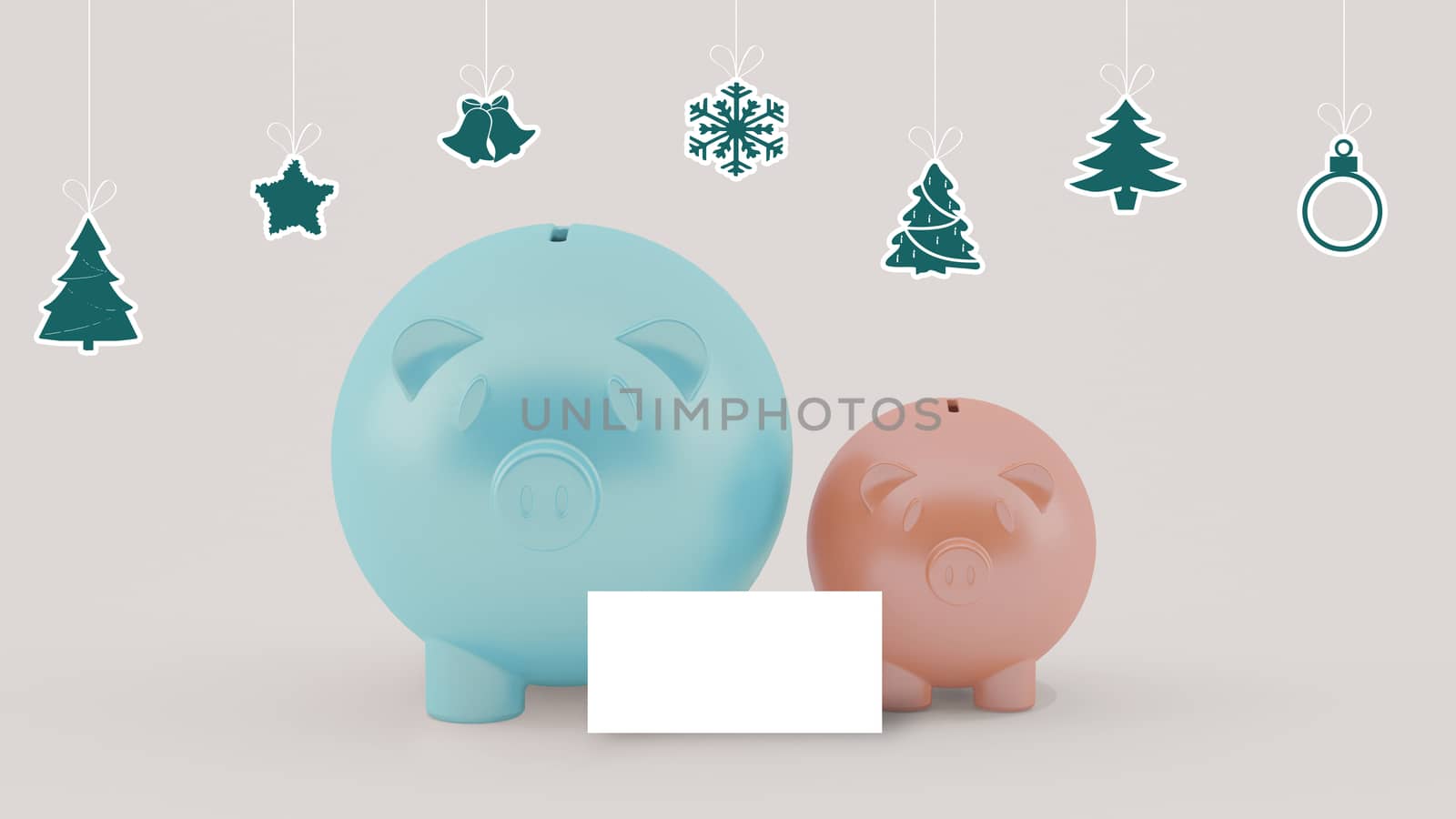 using piggy money on christmas celebration with blank card at center