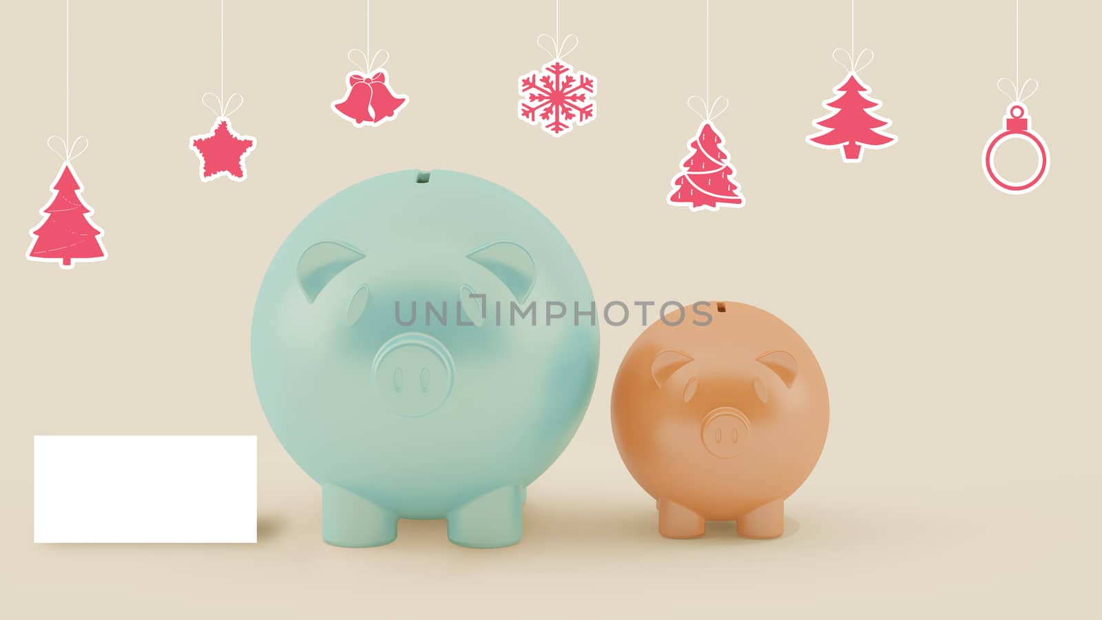 using piggy money on christmas celebration with blank card at right