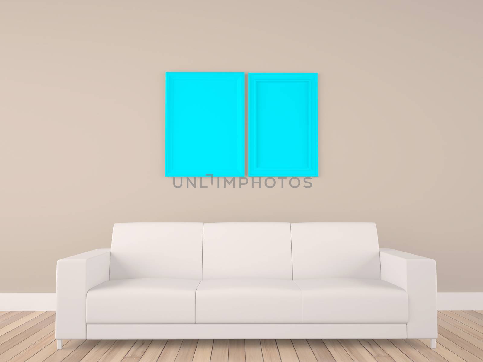blue empty frame with white sofa in room