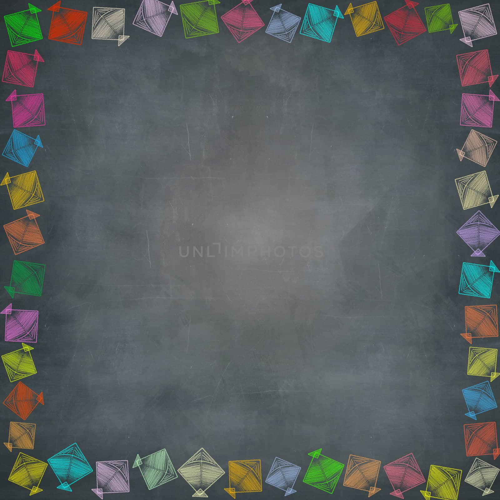 multiple kites border on chalkboard