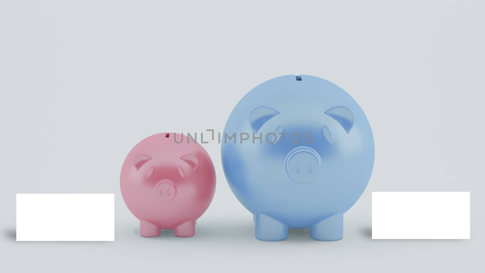 two different size piggy banks with blank white card