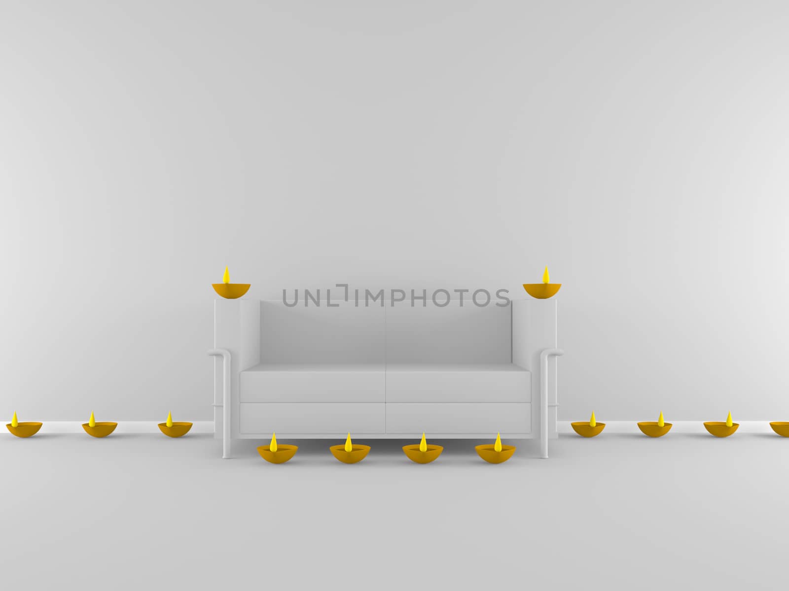 3d diwali diya arrangement in room, festival concept