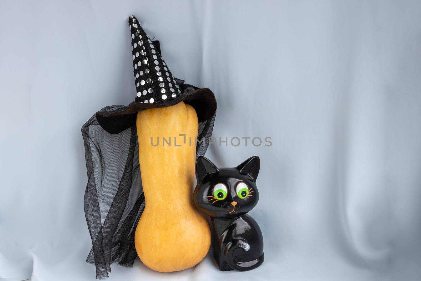 Happy Halloween. A black cat toy hides behind a pumpkin in a witch's hat.