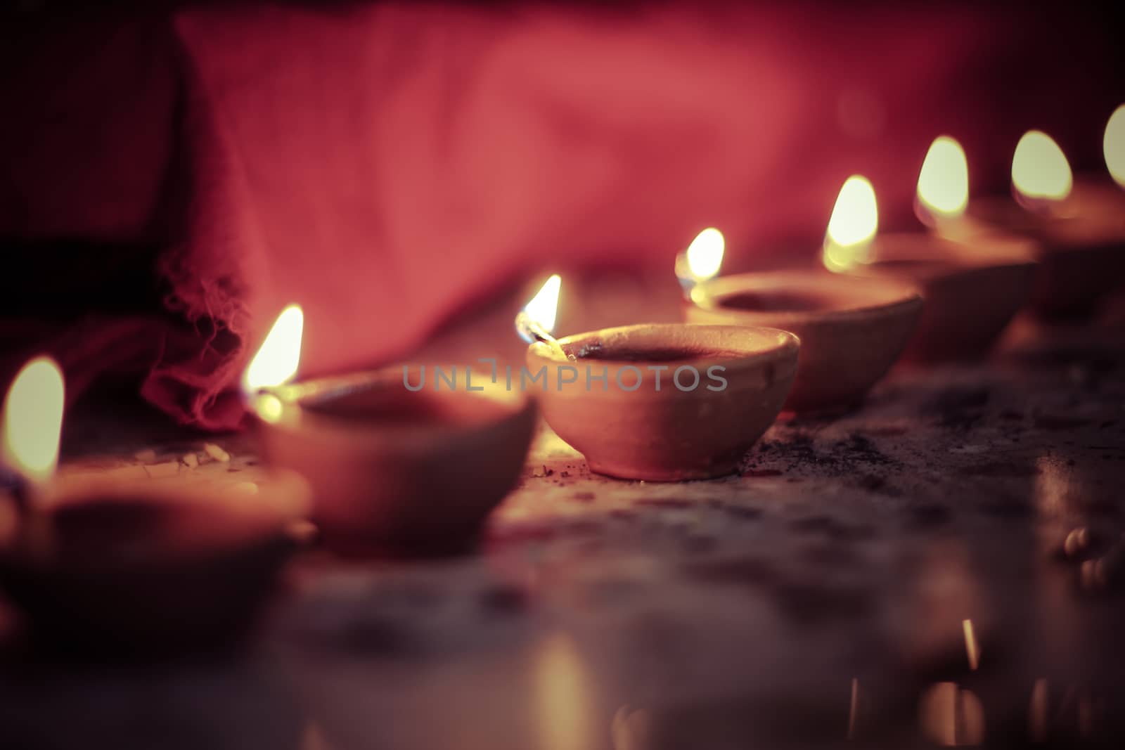oil lamps lit on diwali festival