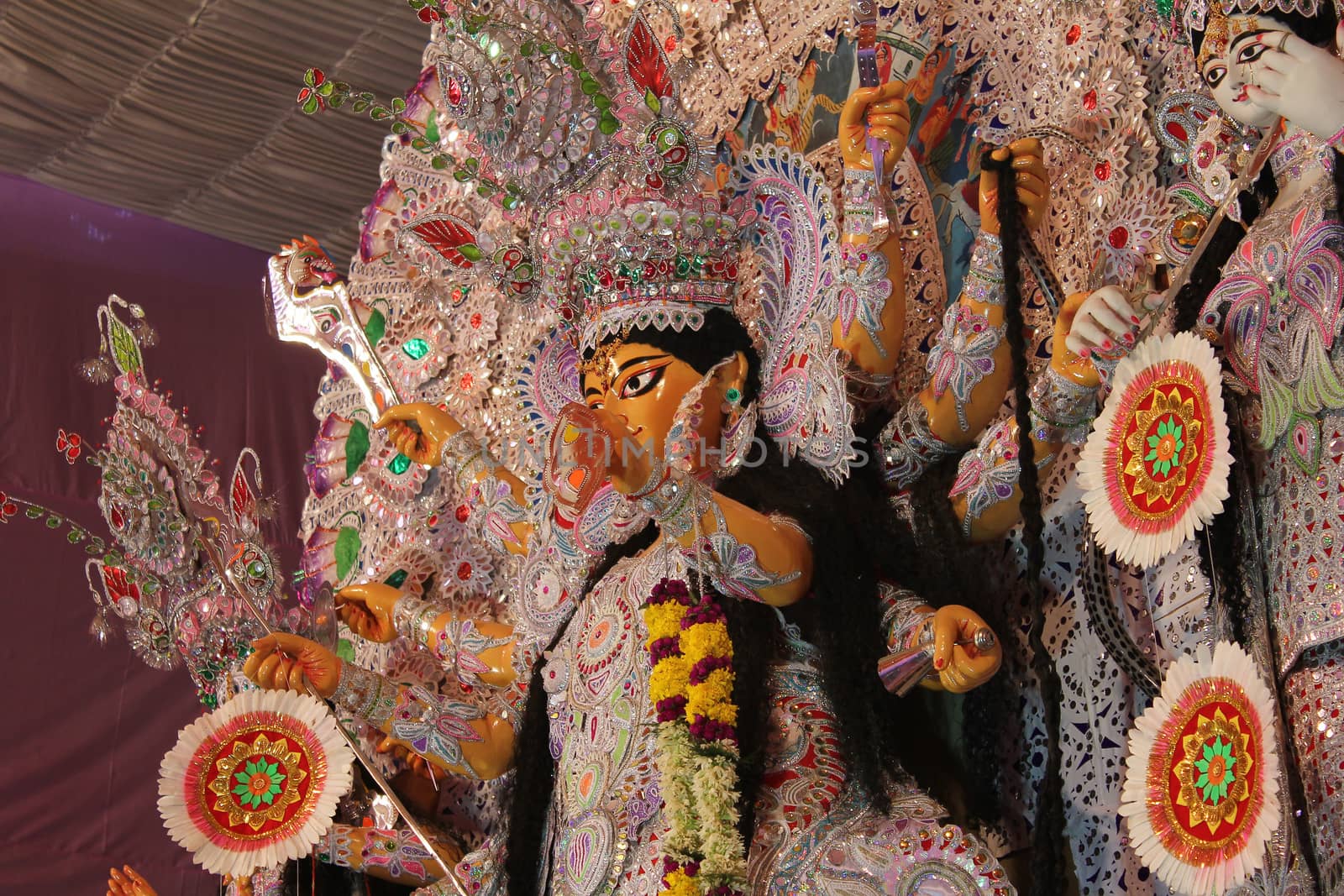 Durga Idol as worshipped by Bengali community in India. Known as goddess of destruction, she is also called Kali. View from side