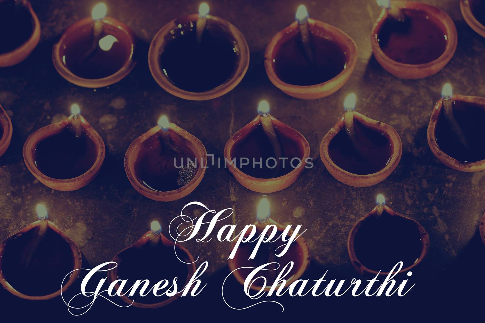 happy ganesh chaturthi text with oil lamps, festival celebration, retro effect