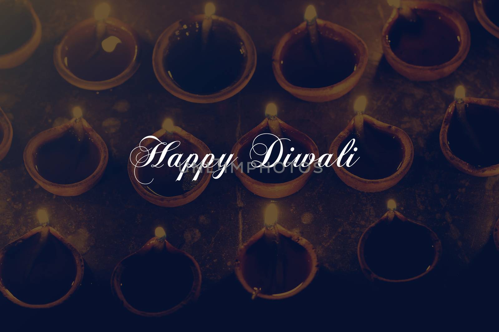 happy diwali text with oil lamps, festival celebration, retro effect
