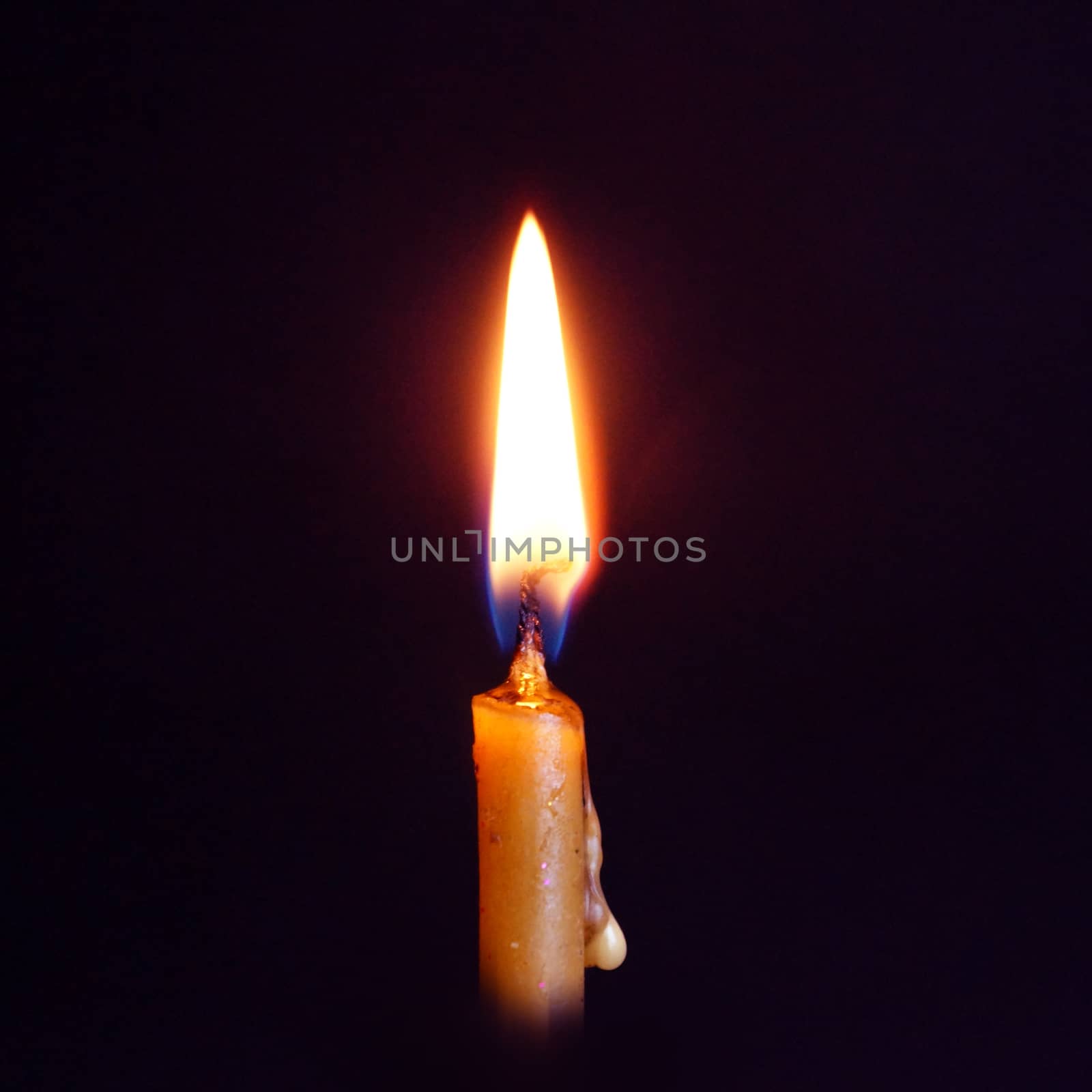 burning wax candle close-up on dark background, square photo by Annado