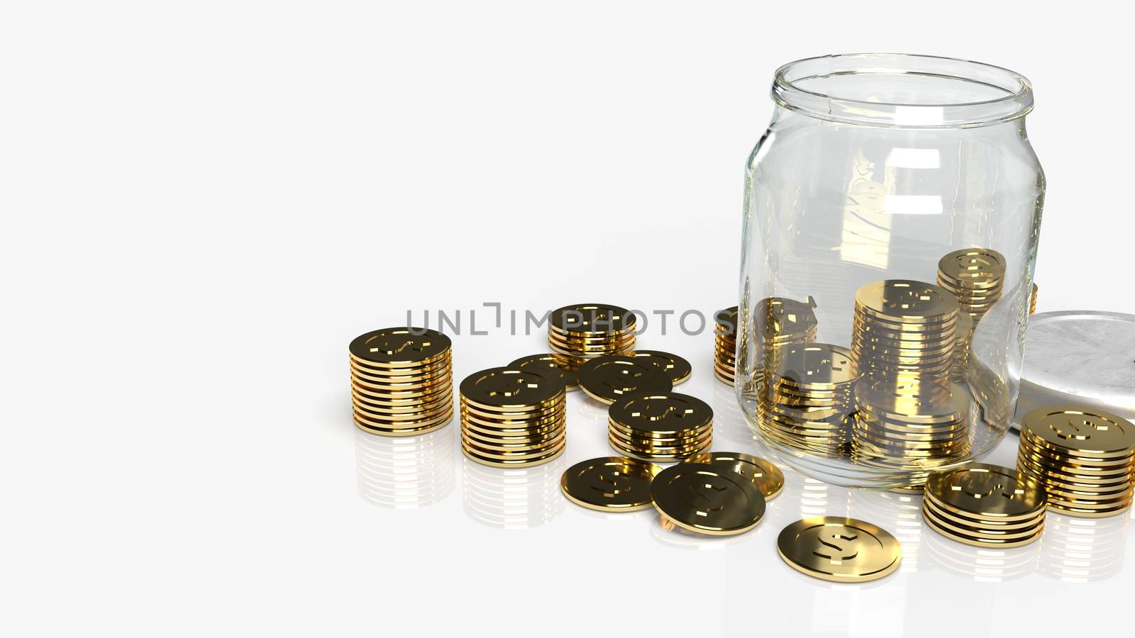 The Glass jars with coins for saving content 3d rendering