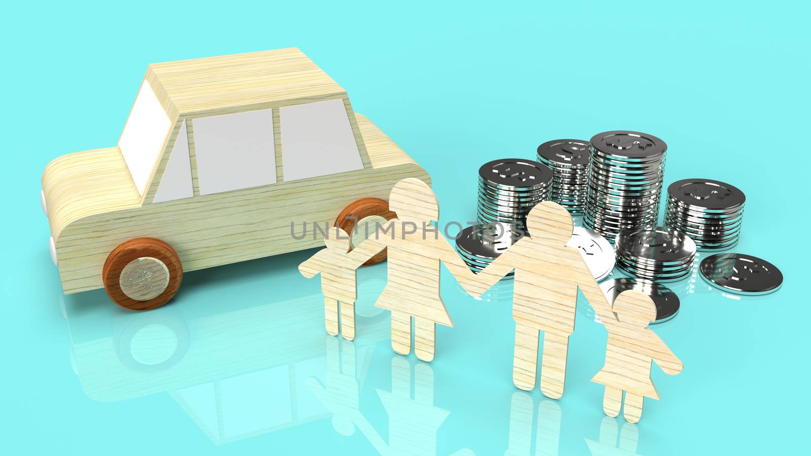 The Glass jars with coins and car wood for saving content 3d rendering.