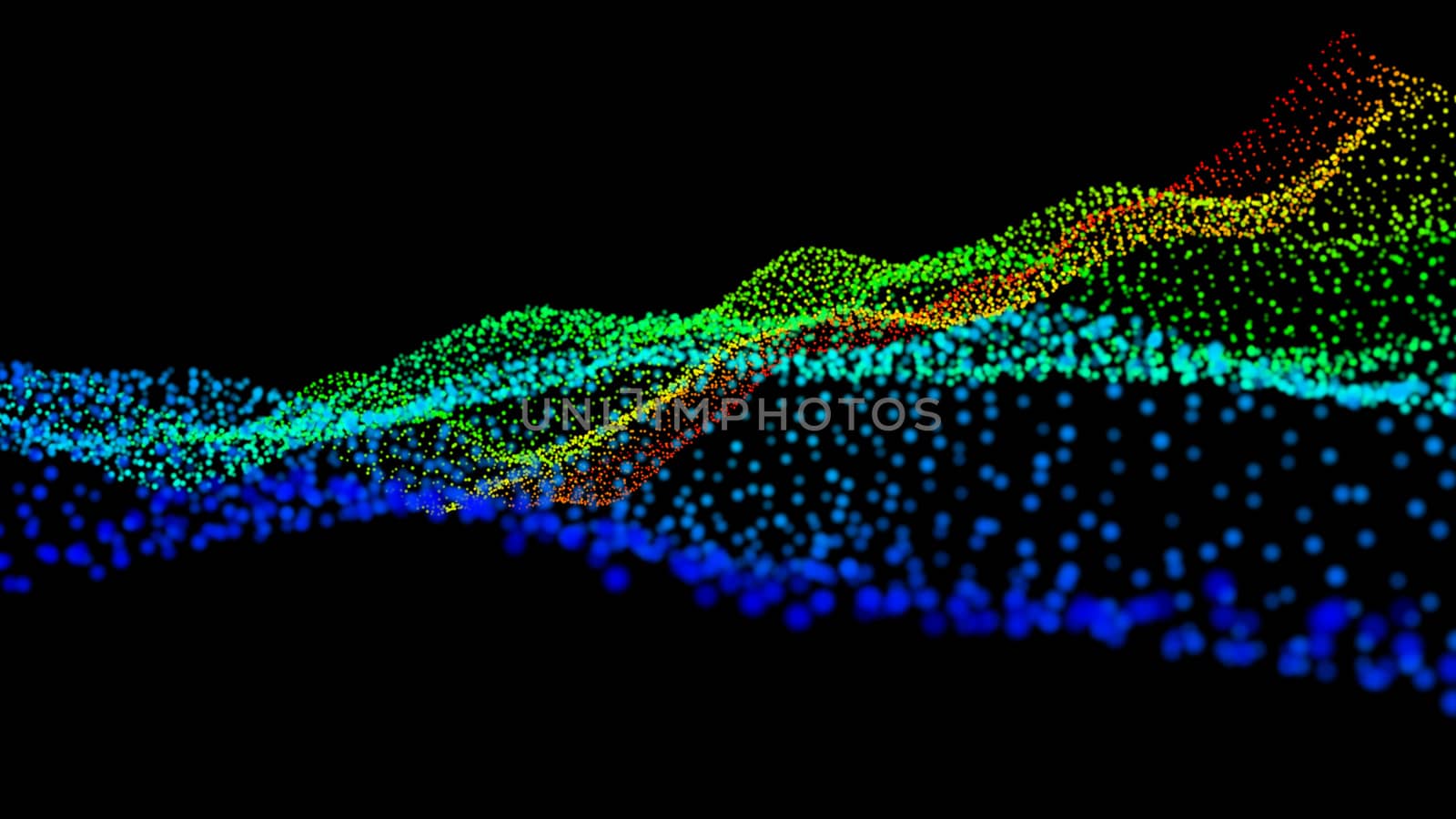 Black abstract texture background with glittery colored shiny bokeh spheres. Sparkling glittered particles on black background for placard, banner and greeting cards.