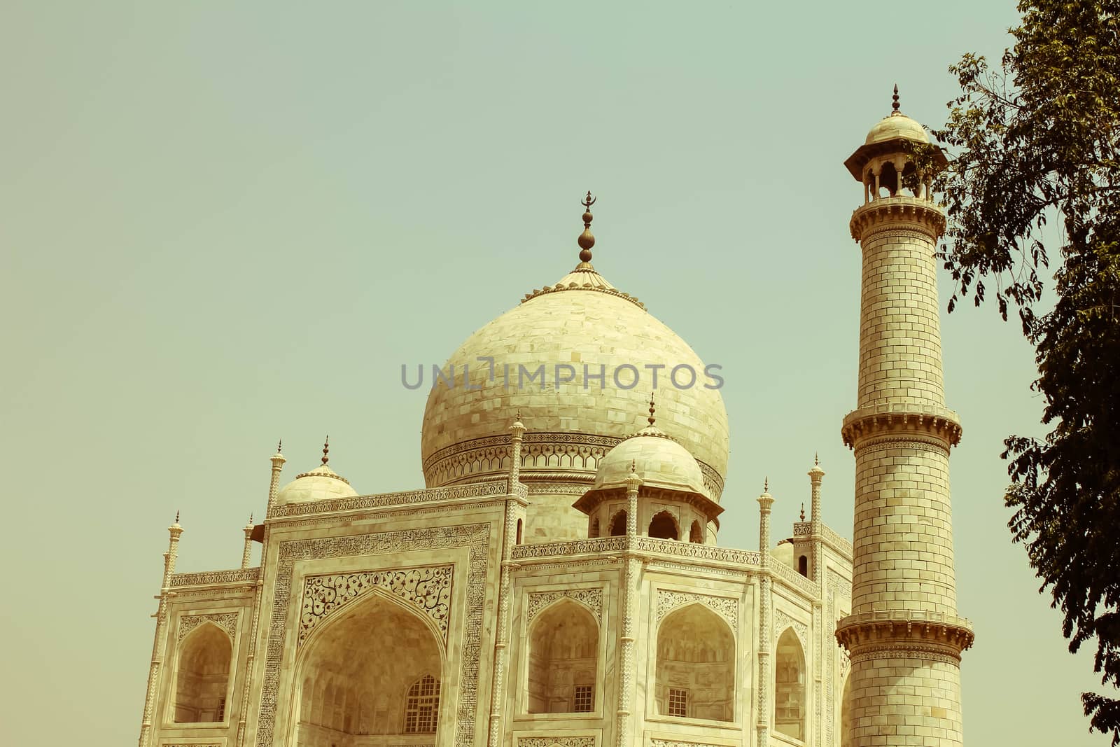 The Taj Mahal is a white marble monument which is located in the city of Agra, India. Taj Mahal is one of Seven Wonders of the World - retro style, 