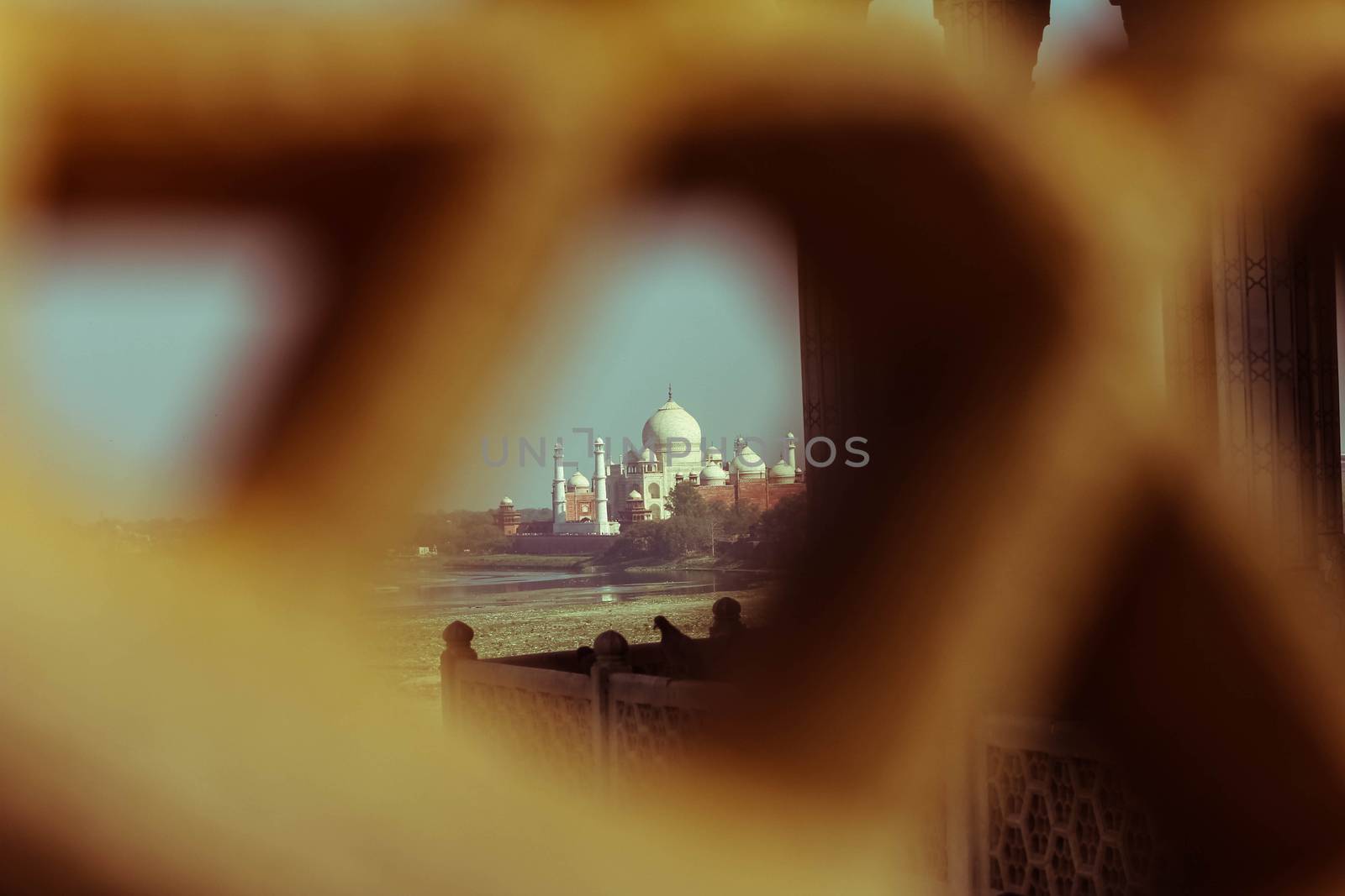 View of Taj Mahal from lattice jali in Agra, Uttar Pradesh, India. retry style effect