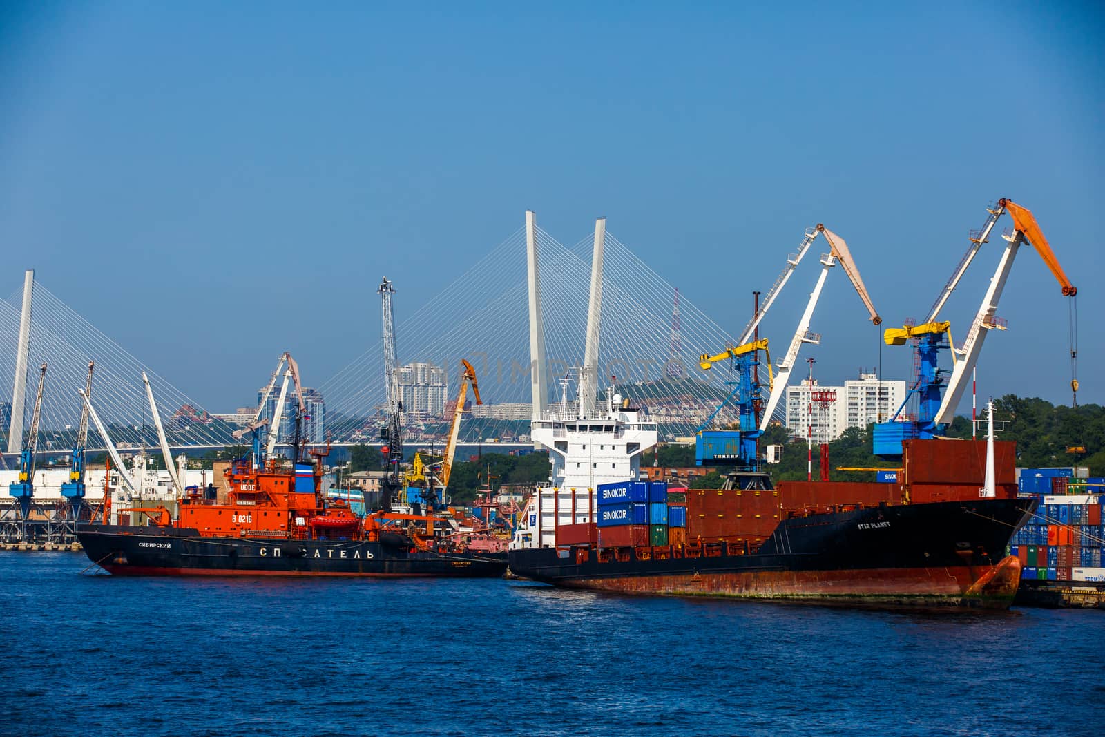 Summer, 2016 - Vladivostok, Russia - Vladivostok Sea Port. Commercial coasters are loading at the commercial port of Vladivostok.