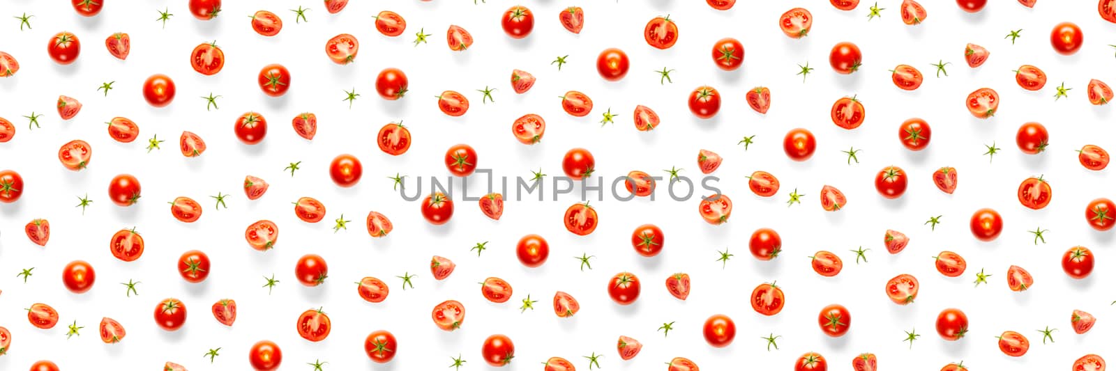 banner - creative background from red tomatoes. Abstract background. of isolated ripe Tomato on the white background not seamless pattern by PhotoTime