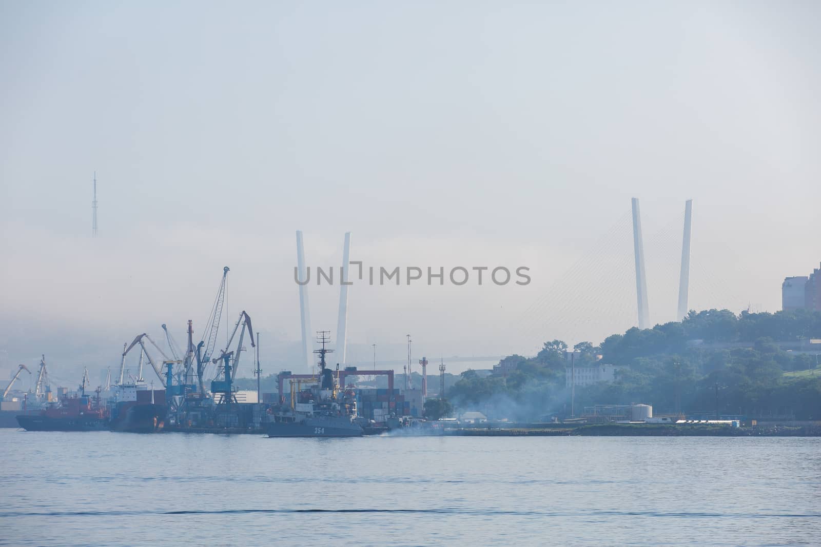 Vladivostok Marine Facade. Commercial seaport from the sea side.