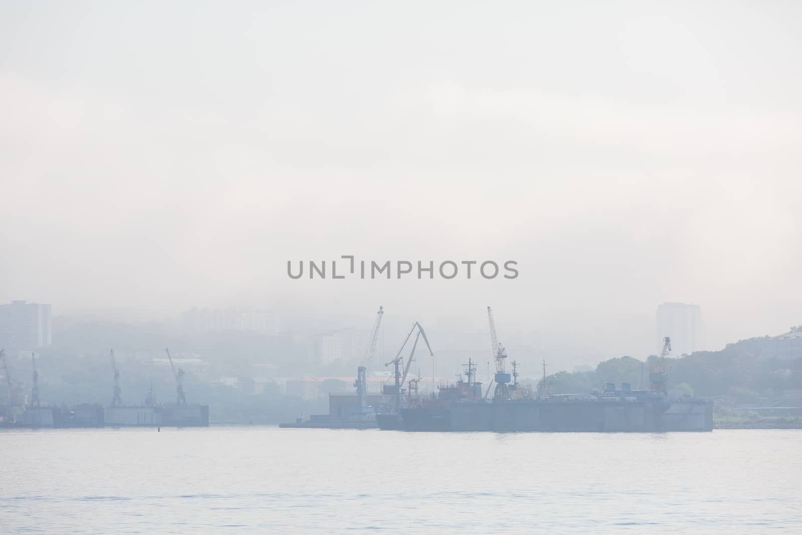 Vladivostok Marine Facade. Commercial seaport from the sea side.