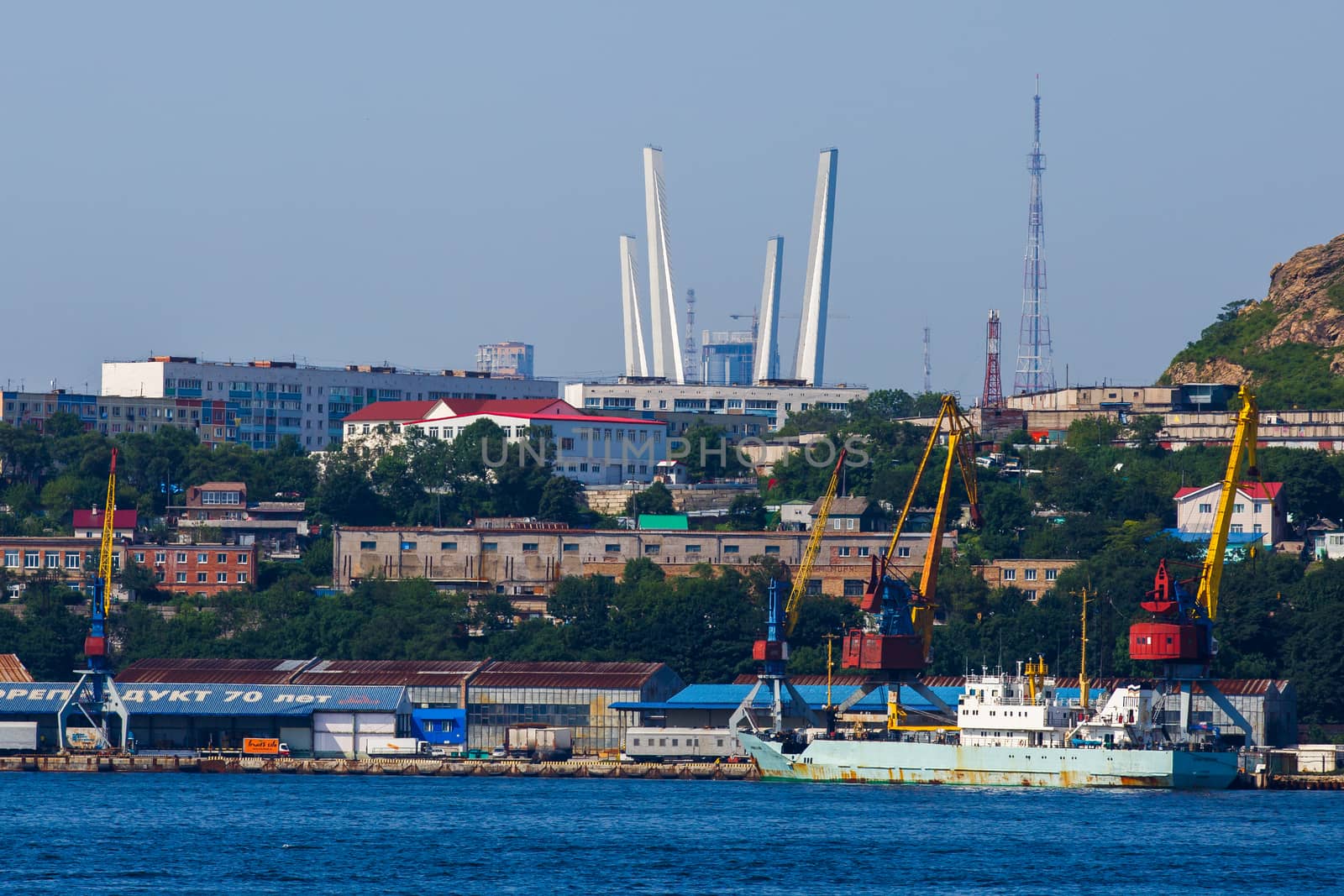 Vladivostok Marine Facade. Commercial seaport from the sea side.