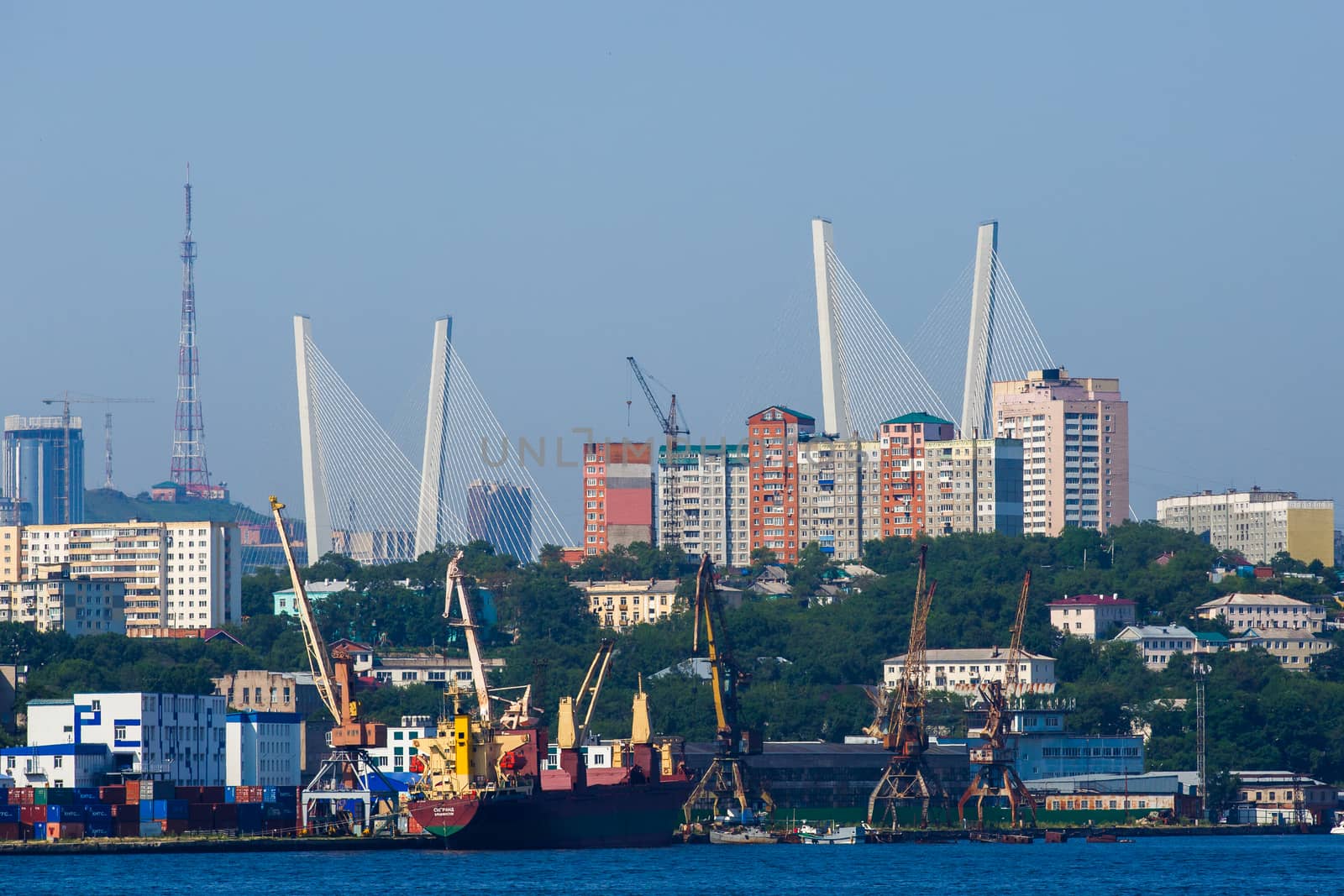 Vladivostok Marine Facade. Commercial seaport from the sea side.