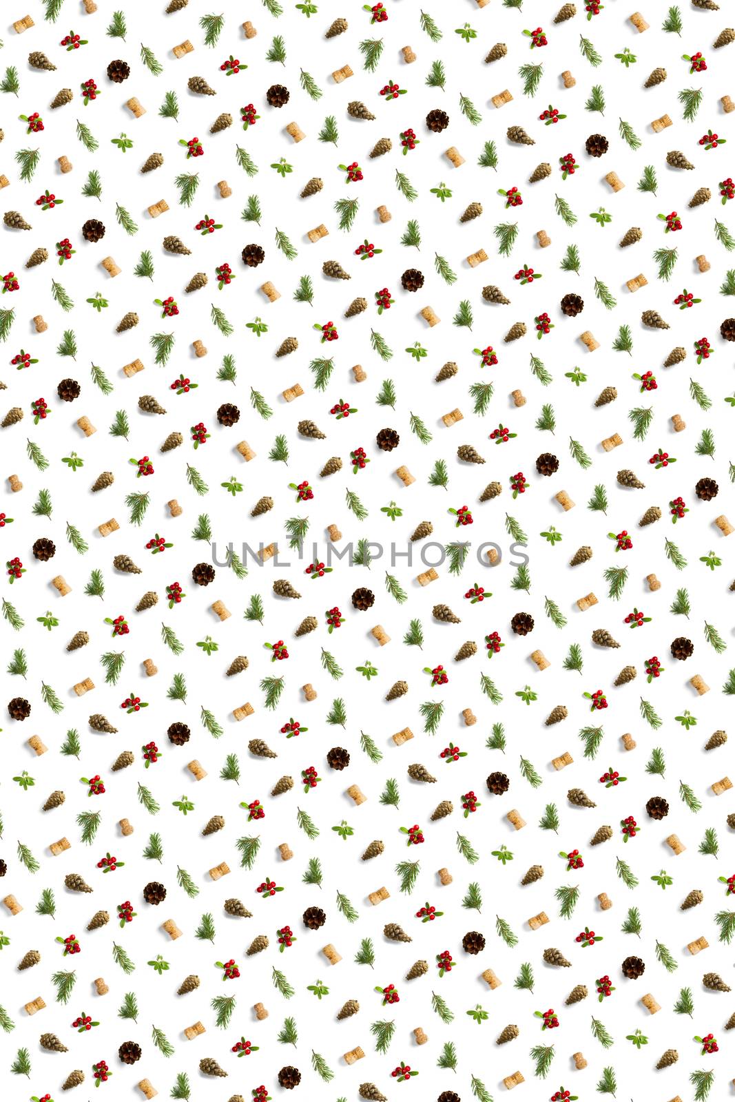 christmas background with pine cone, wine cork, pine twig and lingonberry. christmas background on white backdrop. by PhotoTime