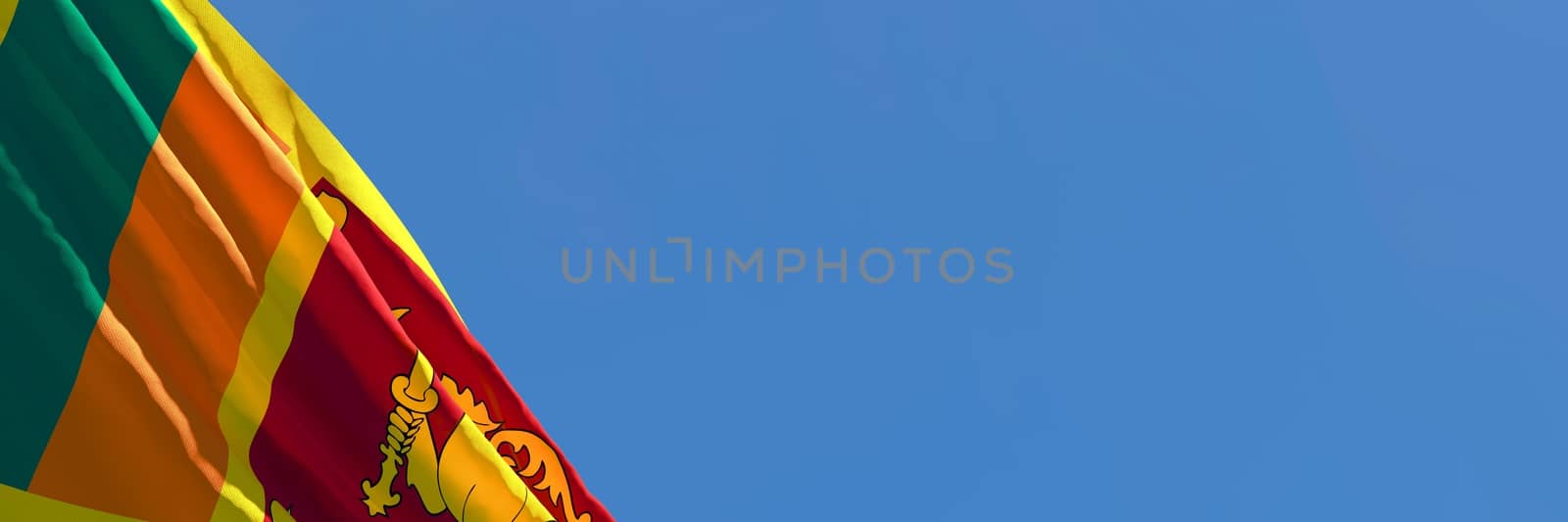 3D rendering of the national flag of Sri Lanka waving in the wind against a blue sky