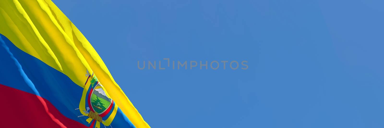 3D rendering of the national flag of Ecuador waving in the wind against a blue sky