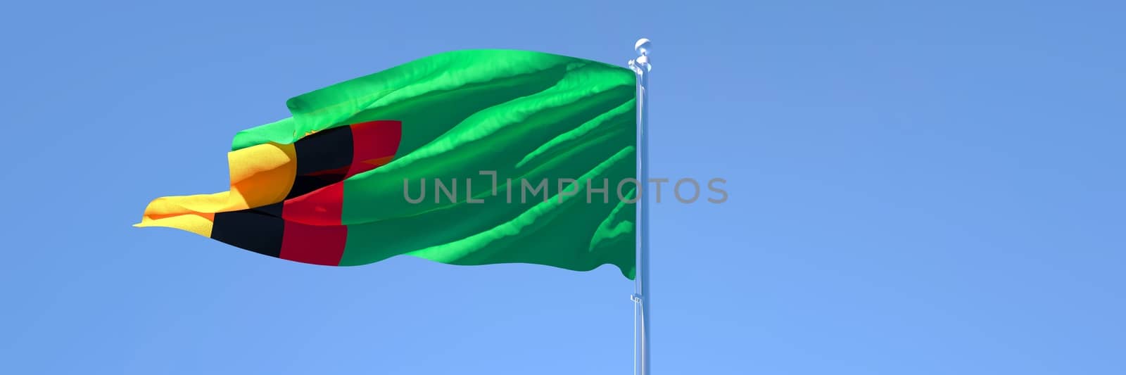 3D rendering of the national flag of Zambia waving in the wind against a blue sky