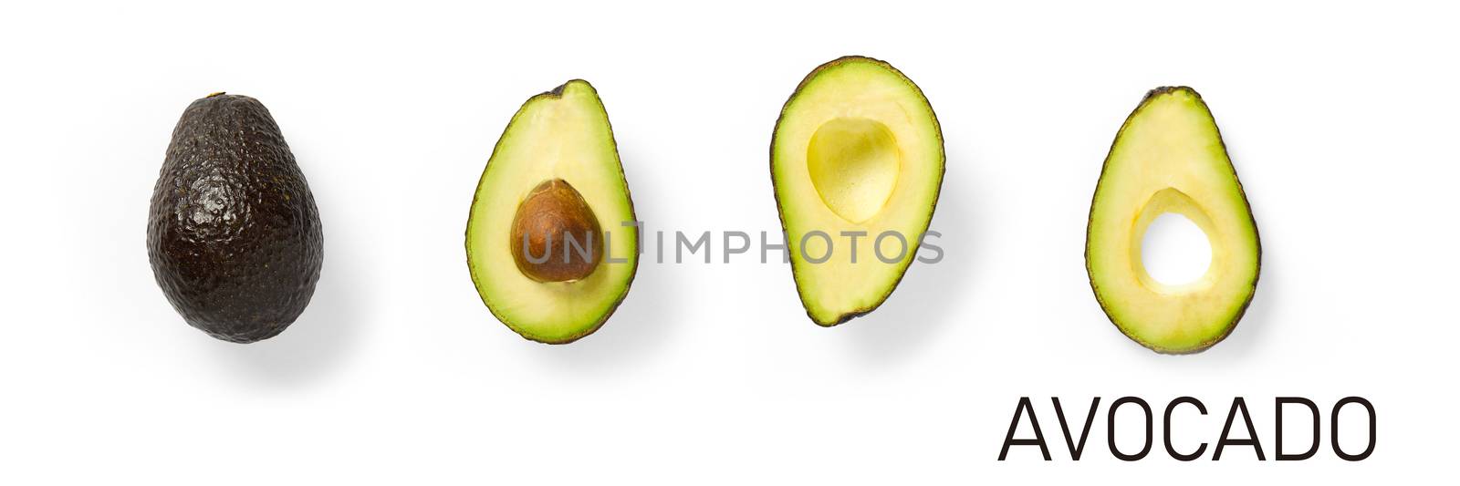 Modern creative avocado collage with simple text on solid color background. Avocado slices creative layout on White background. Flat lay, Food concept by PhotoTime