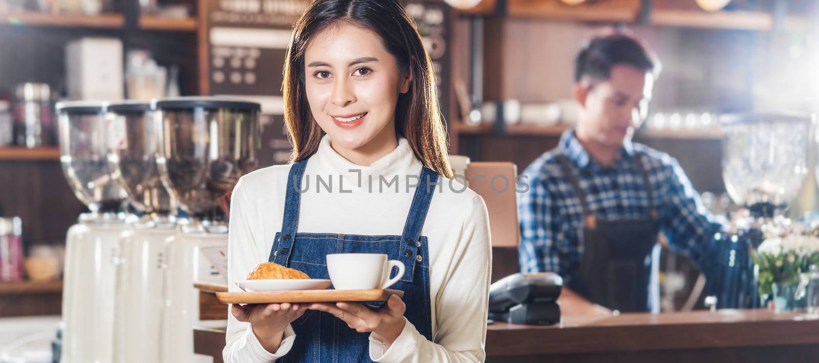 Banner of Asian Coffee shop owner serving bakery cake and coffee by Tzido