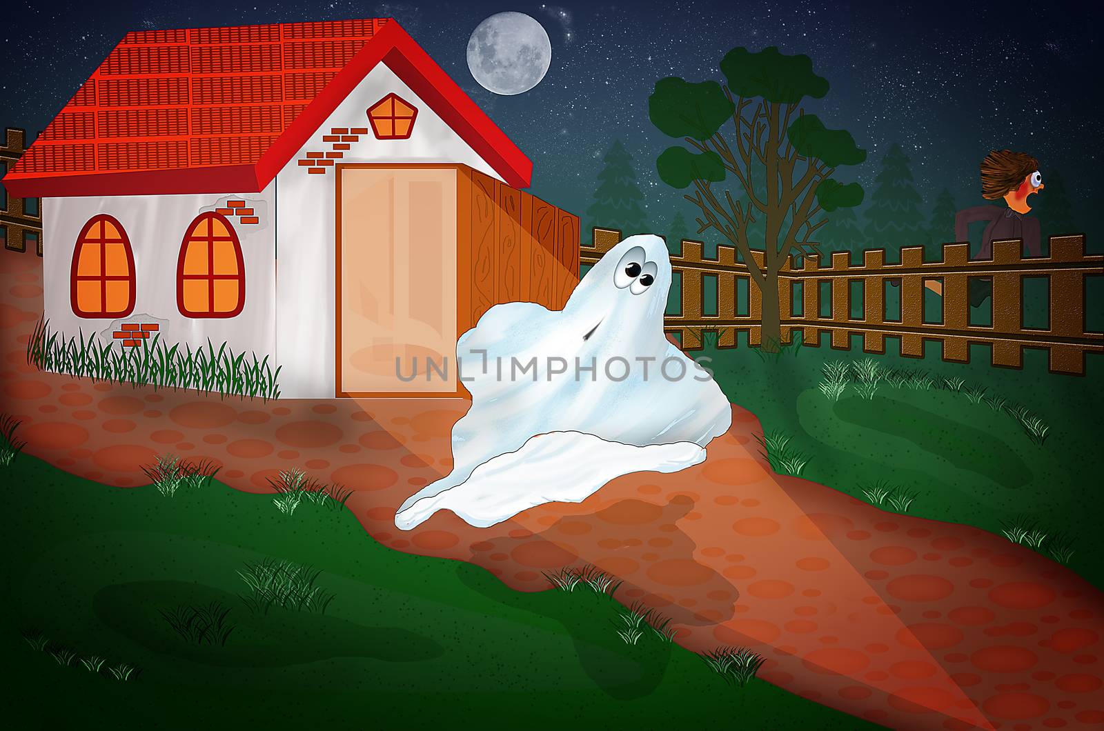 Kid afraid of ghost, night scene. Ghost and lonely boy on Scary Halloween night. Halloween concept. Terrible dreams, insomnia. Flat illustration