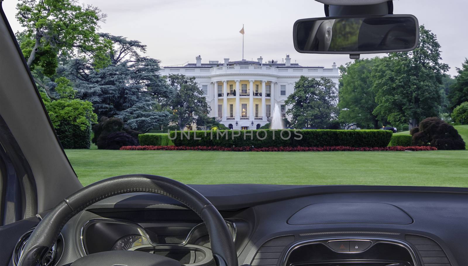 Looking through a car windshield with view of the White House, Washington DC, USA