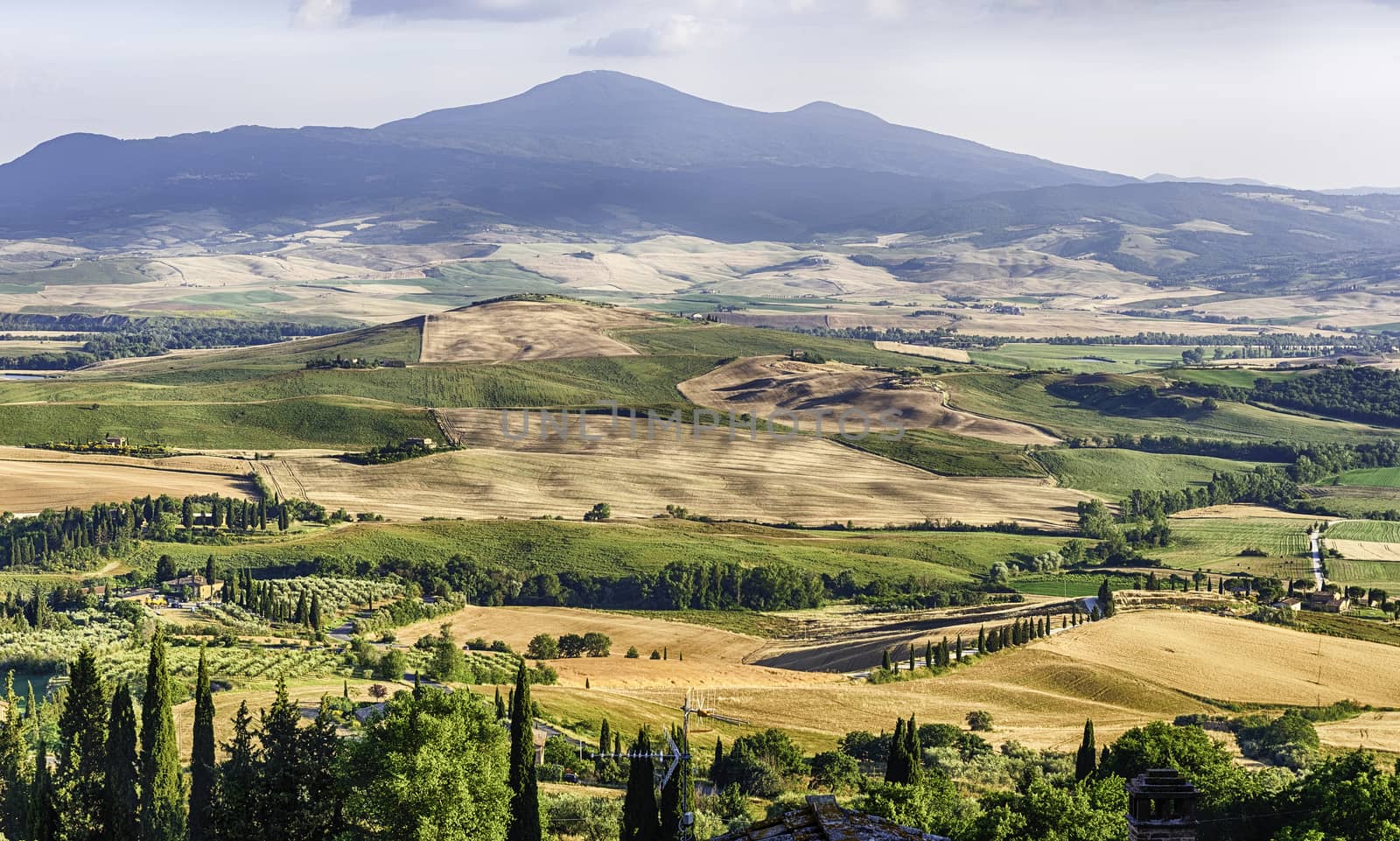 Aerial view of a beautiful landscape around the town of Pienza, province of Siena, Tuscany, Italy