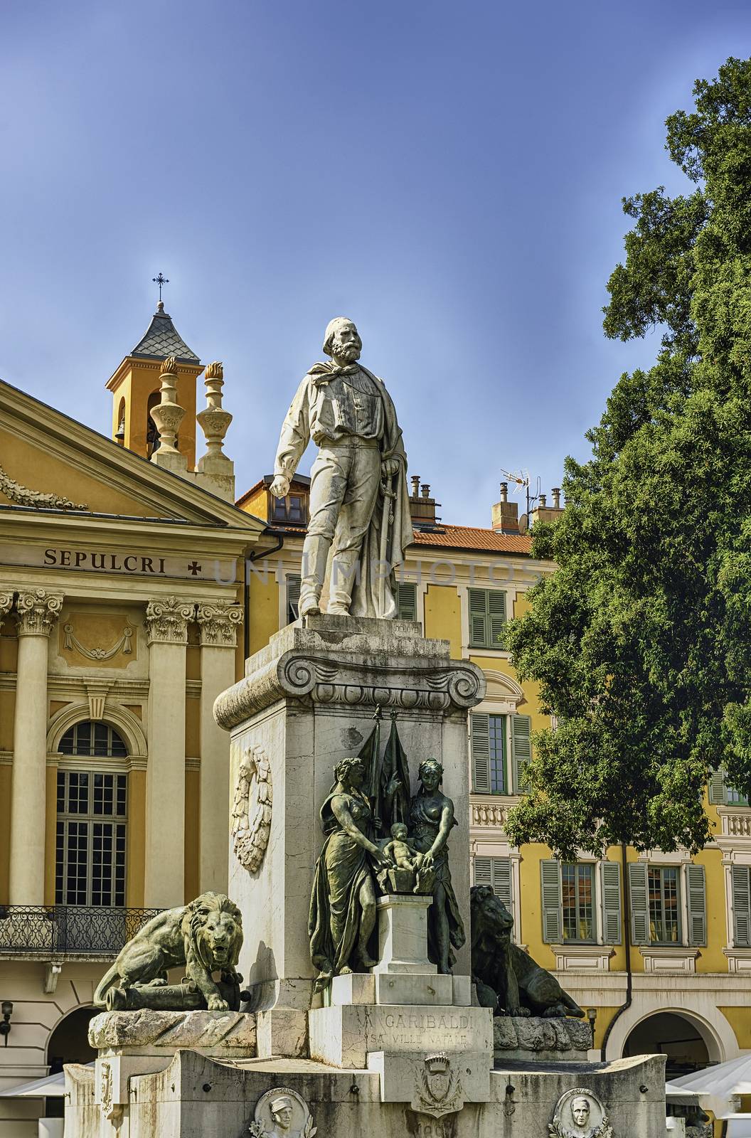Statue of Garibaldi, in the square of the same name, Nice, Cote d'Azur, France. Giuseppe Garibaldi, born in Nice in 1807, was a hero of the Italian unification