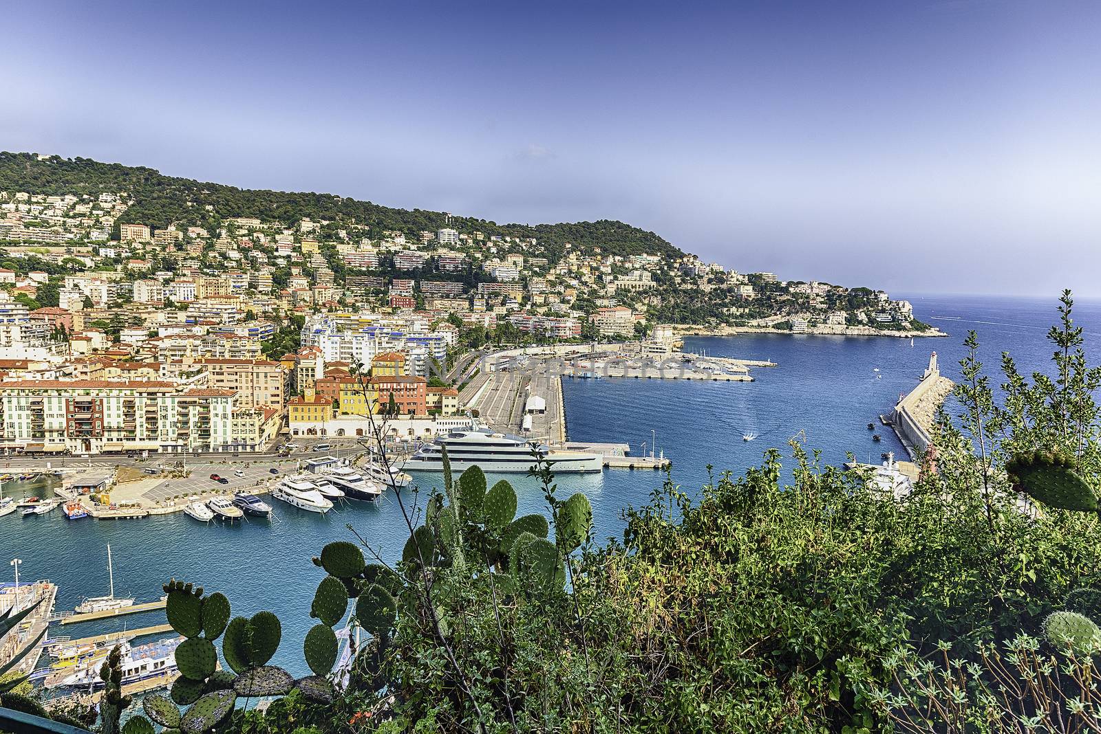 Scenic aerial view of the Port of Nice, aka Port Lympia, as seen from the Chateau hill, Nice, Cote d'Azur, France