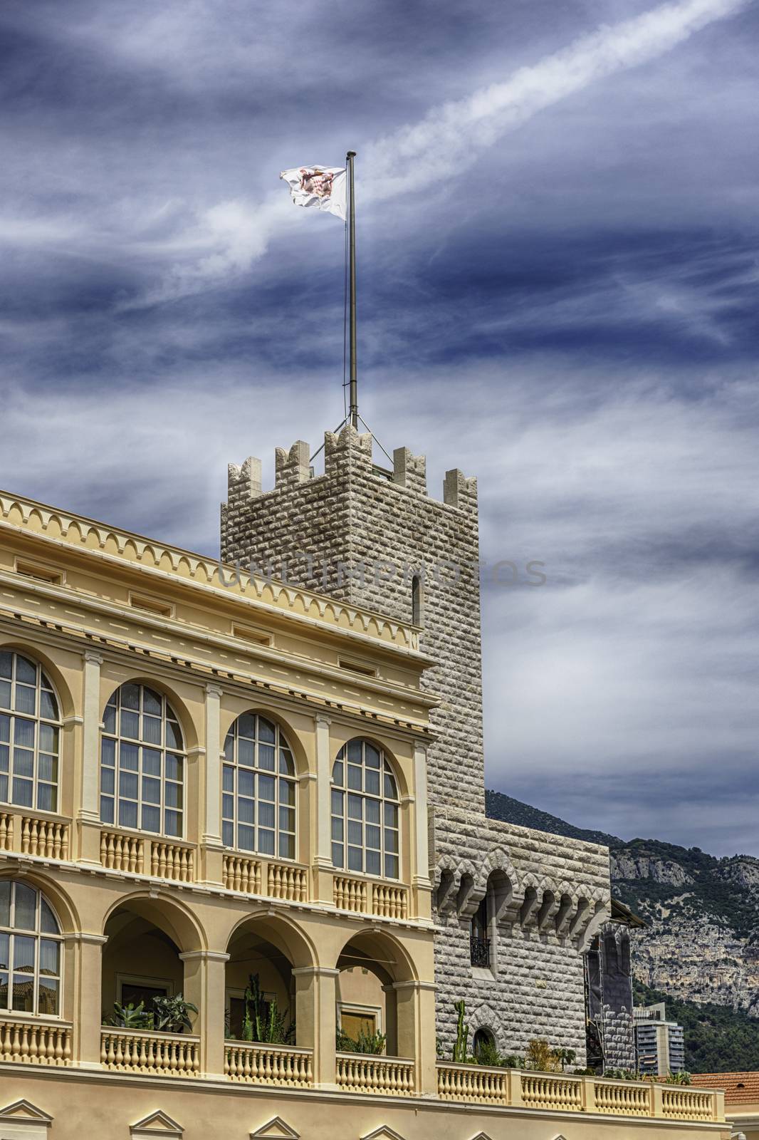 Detail with the tower of Prince's Palace of Monaco, located in Monaco City, aka Le Rocher or The Rock, as seen on August 13, 2019. It's the official residence of the Sovereign Prince of Monaco