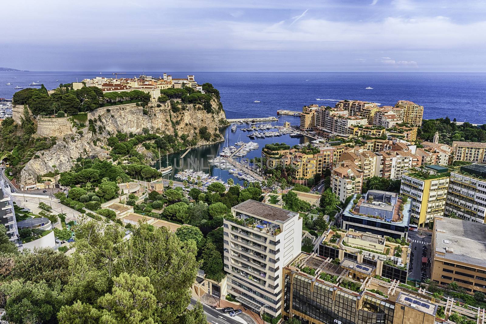 Panoramic view of Monaco City and the port of Fontvieille by marcorubino