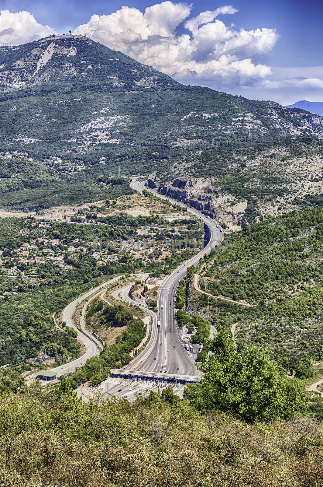 View over the highway in French Riviera, as seen from Fort de la Revere near the village of Èze, Cote d'Azur, France