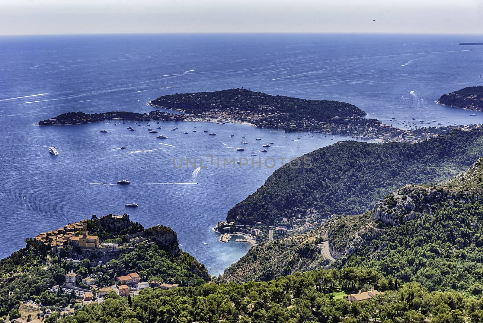 Scenic landscape view over the French Riviera coastline, as seen from Fort de la Revere, near the village of Èze, Cote d'Azur, France