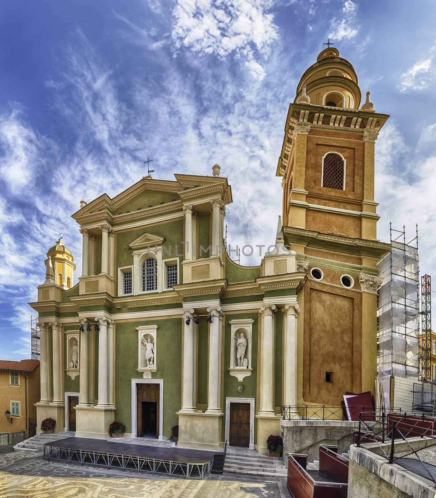 Facade and architecture of the Basilica Saint-Michel-Archange in the old town of Menton, picturesque city in the Provence-Alpes-Côte d'Azur region on the French Riviera, close to the Italian border