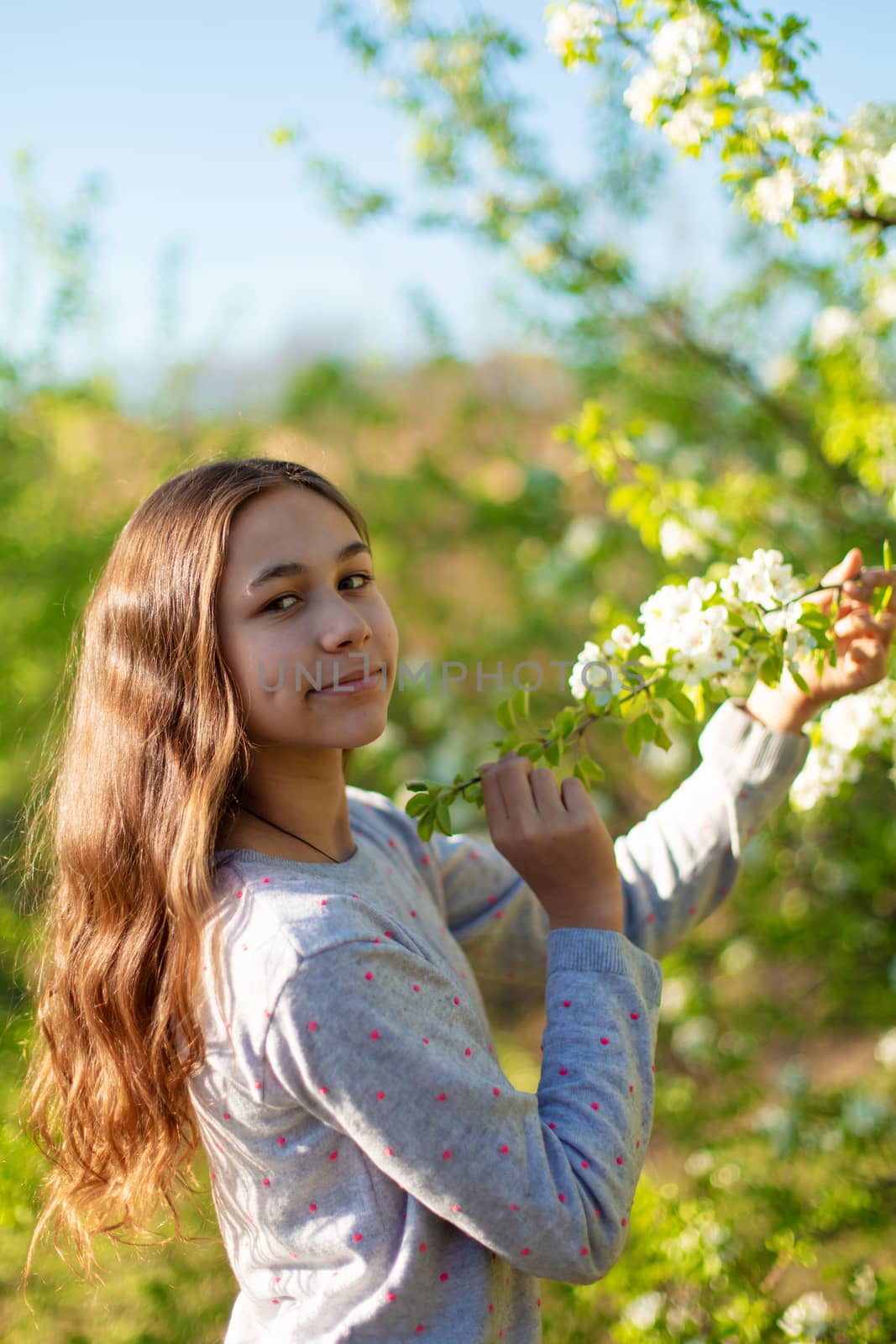 Portrait of a young beautiful teenager girl in a blooming spring green garden.