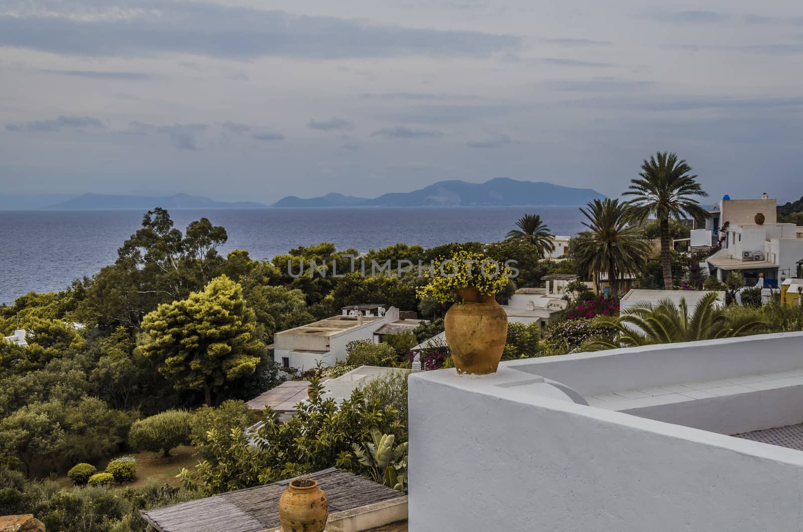 View of vegetation on the island of panarea and background the sea tyrrhenian with other Aeolian islands on the horizon