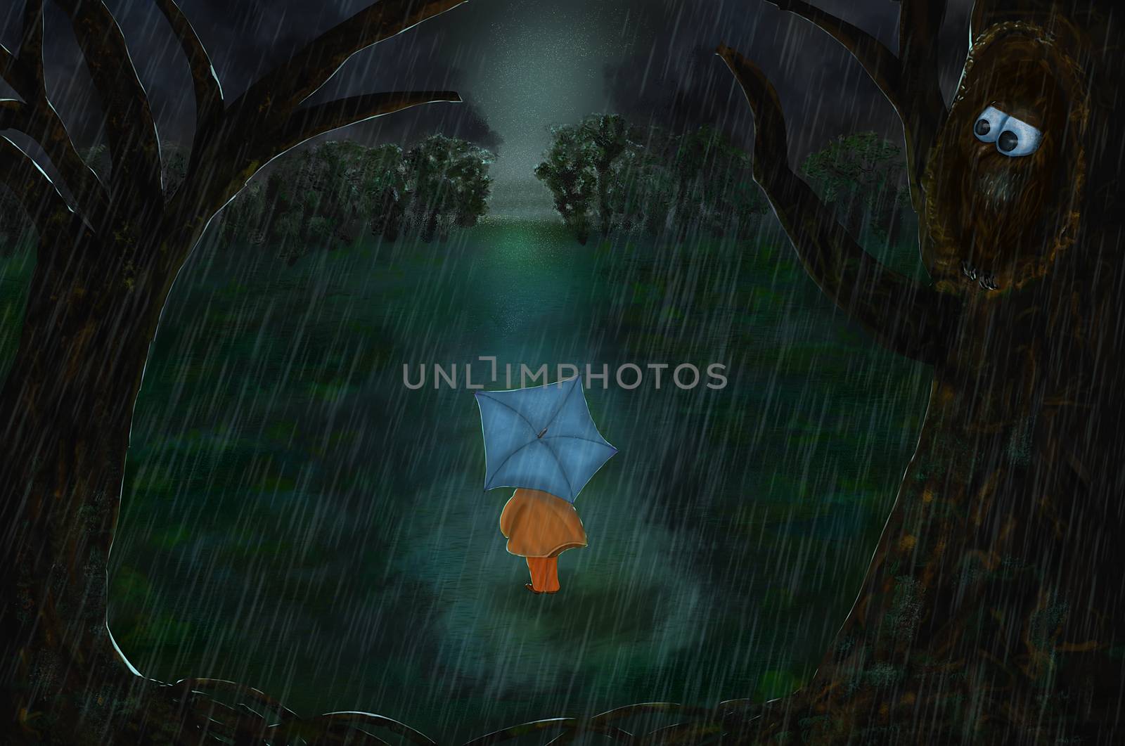 Girl in a scary mystical dark forest. Kid standing on field with glowing blue light among the silhouettes of dark trees. Rain in a fairytale forest. Halloween concept. Hand draw stock illustration