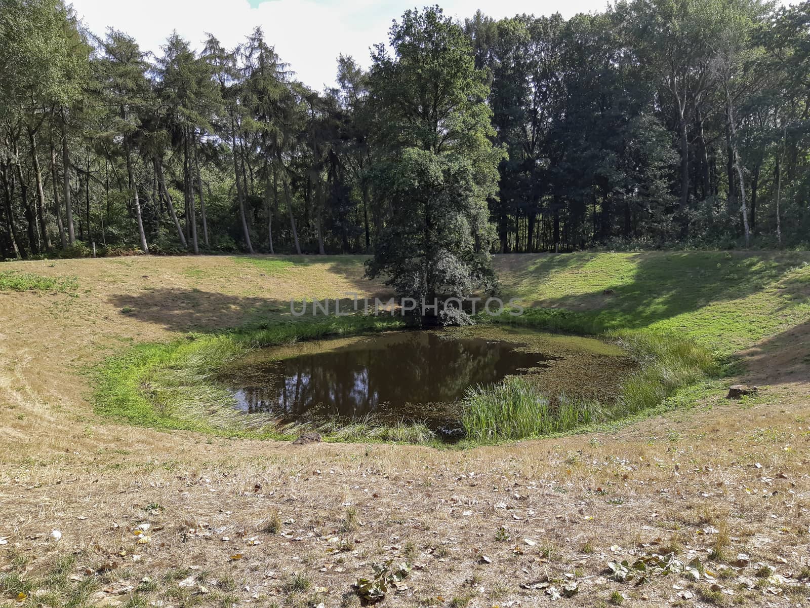 Caterpillar mine crater in Zillebeke, Ypres. formed by the detonation of a massive mine by the Allies that had been laid directly under the German trenches in June 1917